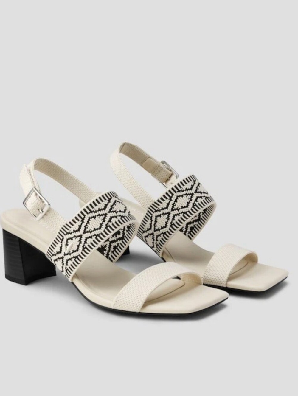 Vivaia Women’s Cream Slingback Block Heel Sandals with Black Embroidered Strap